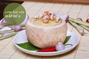 Steamed seafood with coconut rice at Gia Vien restaurant 228 Ba Trieu